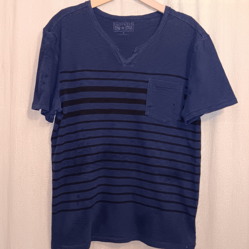 CONVERSE ONE * STAR Blue Striped Front Pocket Crew Neck T Shirt Mens SZ S